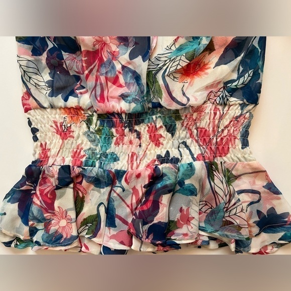 Parker silk ruffle sleeveless floral boho top camisole sz XS green pink cream - Picture 4 of 7